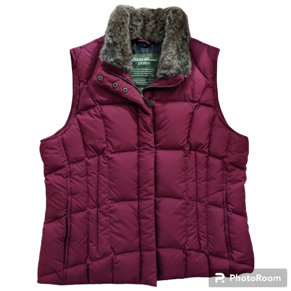 Eddie Bauer Burgundy Goose Down Vest + Faux Fur Collar Women's Large Exc. Cond!!